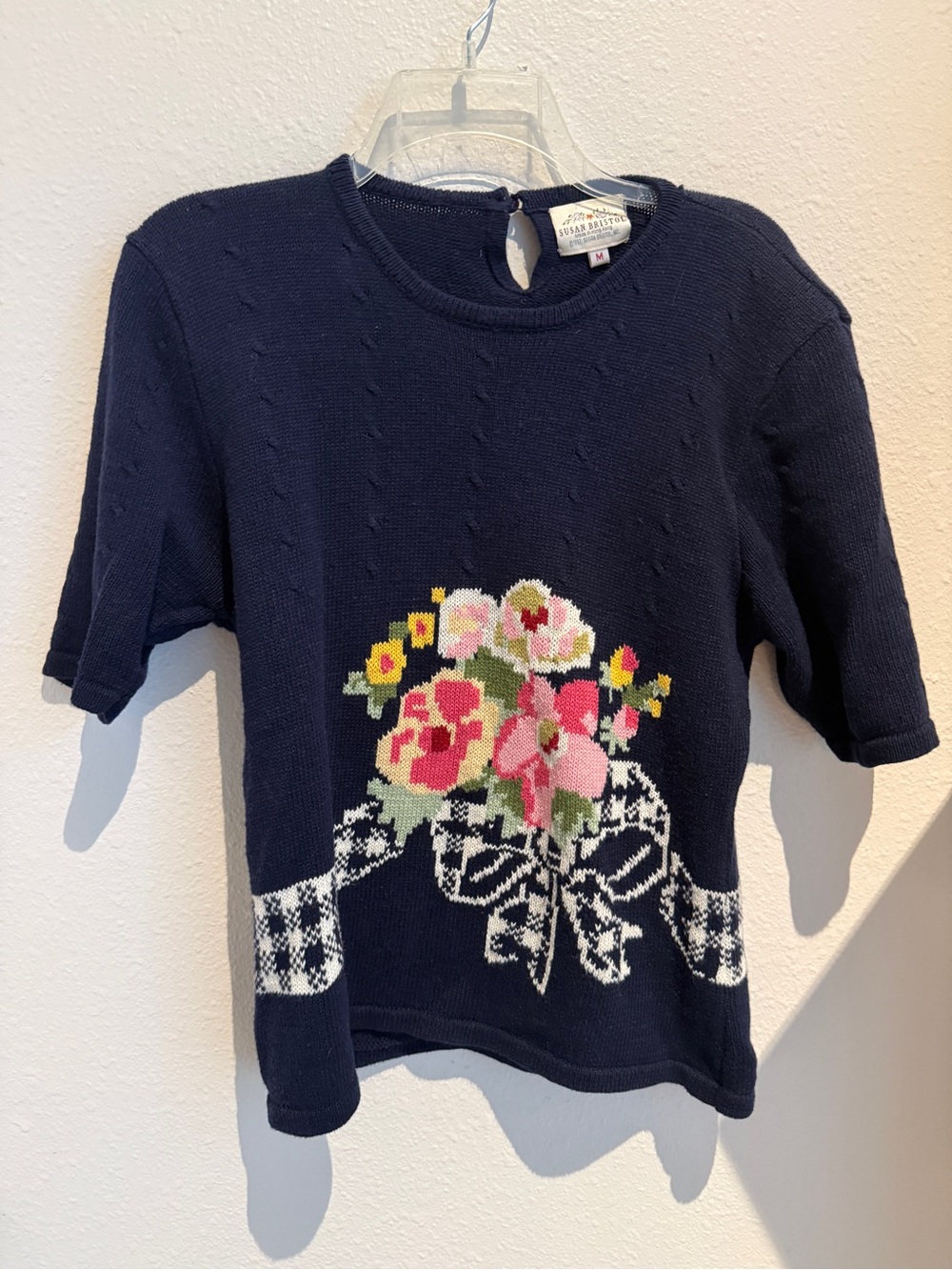 Susan Bristol Navy Knit Top with Pink Floral Bouquet